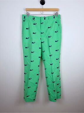Vintage Flat Front Kelly Green Critter Pants Embroidered Whale Pattern